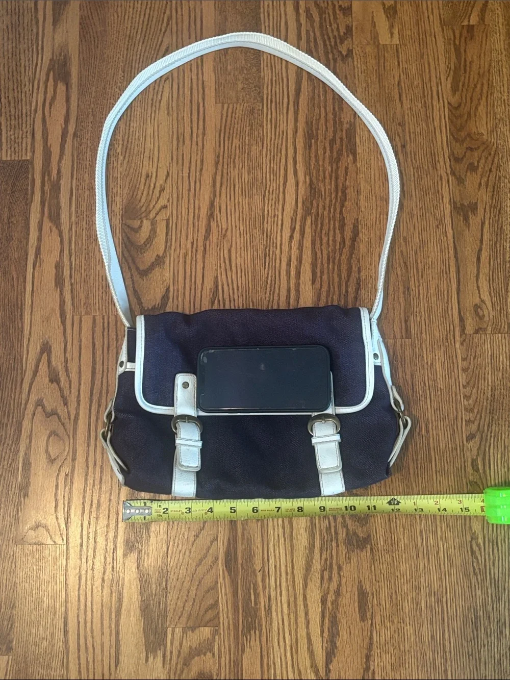 Vintage Stone Mountain Denim Baguette Shoulder Bag Y2K Jean Purse White Trim
